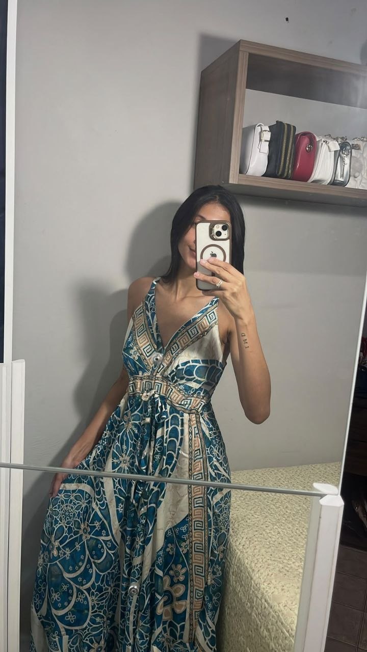 Vestido Longo Estampado Turquesa